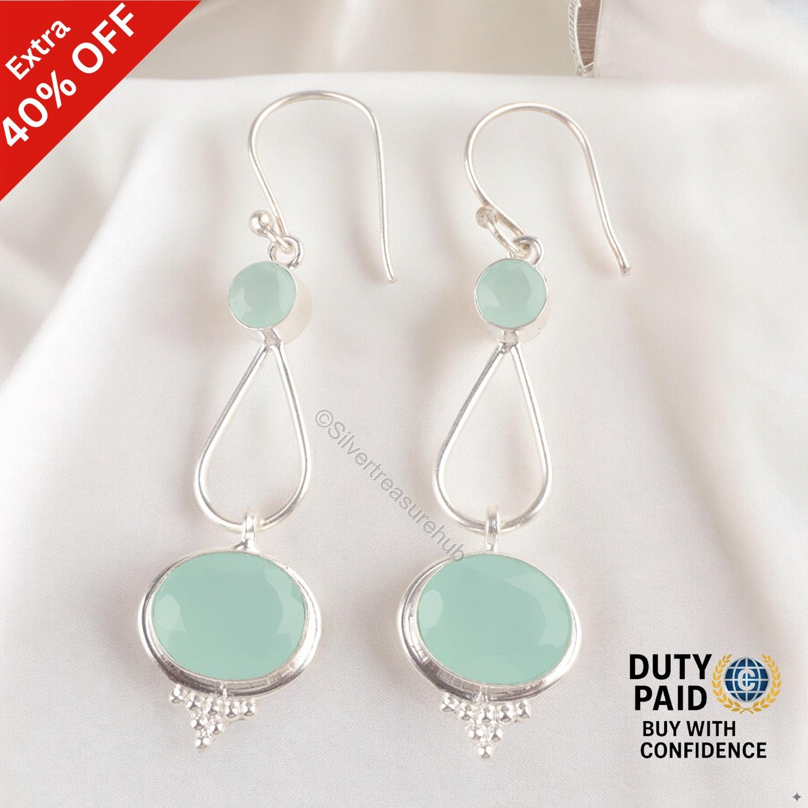 Christmas Sale Sterling Silver Natural Aqua Chalcedony Wife Dangling Earrings