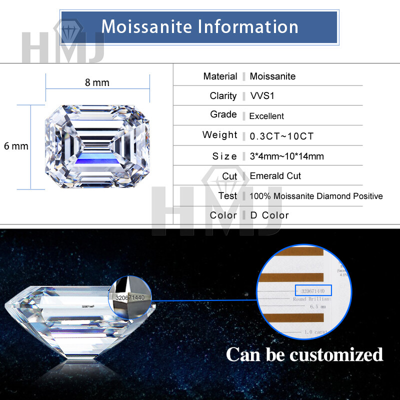 Emerald Cut D Color Loose Moissanite 0.5-10ct VVS1GRA Certificate Excellent Cut