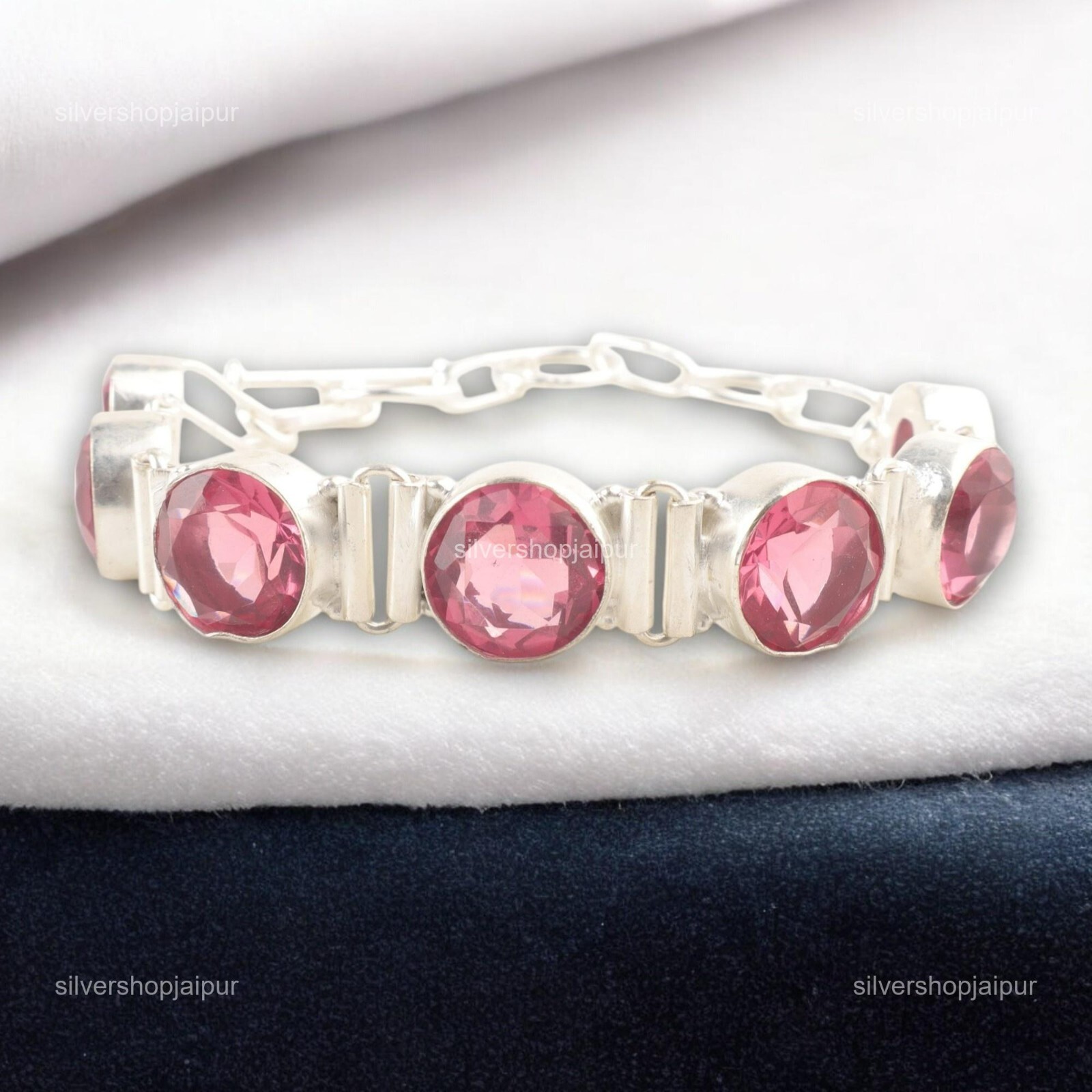 Heart Chakra Pink Tourmaline Stone Chain Bracelet Jewelry 925 Sterling Silver