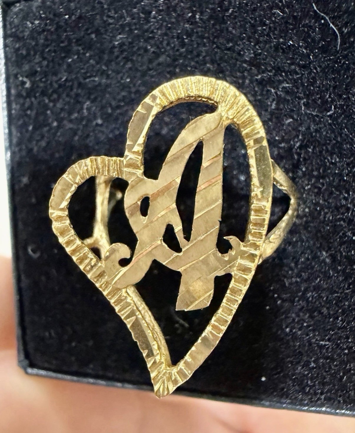 10K Yellow Gold Vintage Large Diamond Cut Initial A Heart Size 7 Ring
