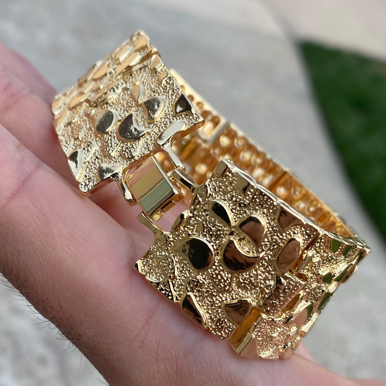 Men’s 14K Gold Plated “Gold Nugget” Heavy Hip Hop Bracelet Big 24MM Thick 8″ in