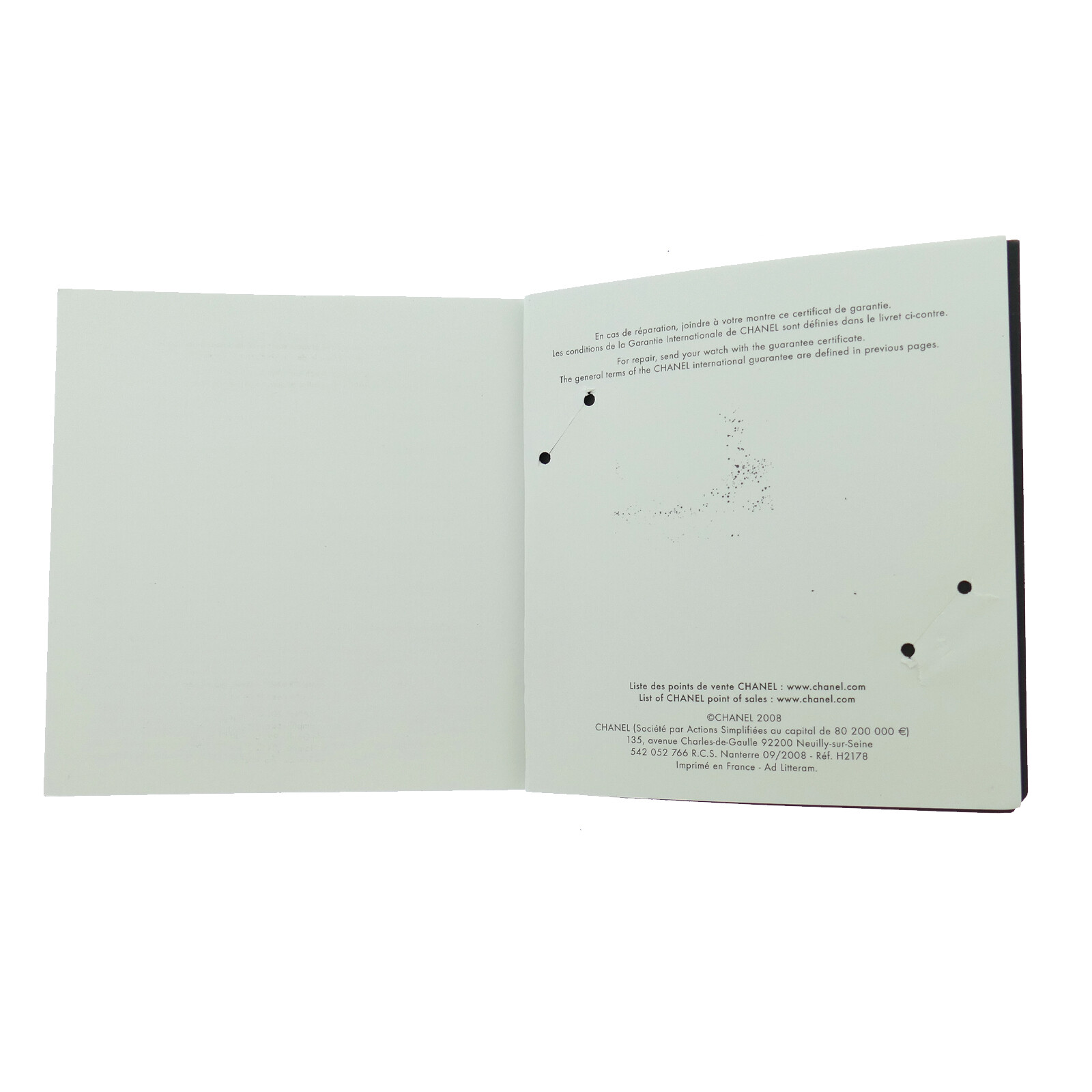 CHANEL CERTIFICATE OF AUTHENTICITY / INT’L GUARANTEE BOOKLET – OPEN CERTIFICATE
