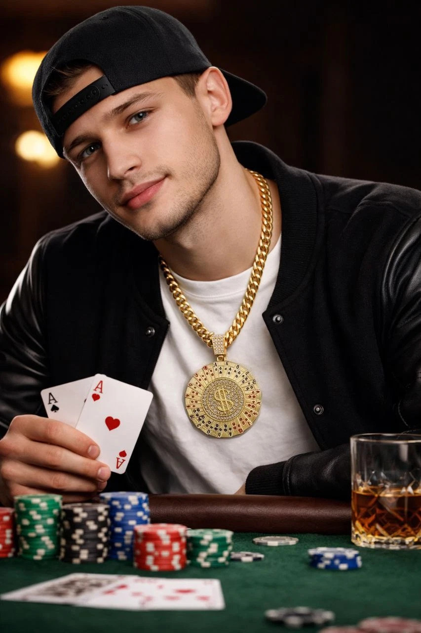 Gold Roulette Spinning Center /Casino Poker Cards Pendant Necklace Cuban Chain
