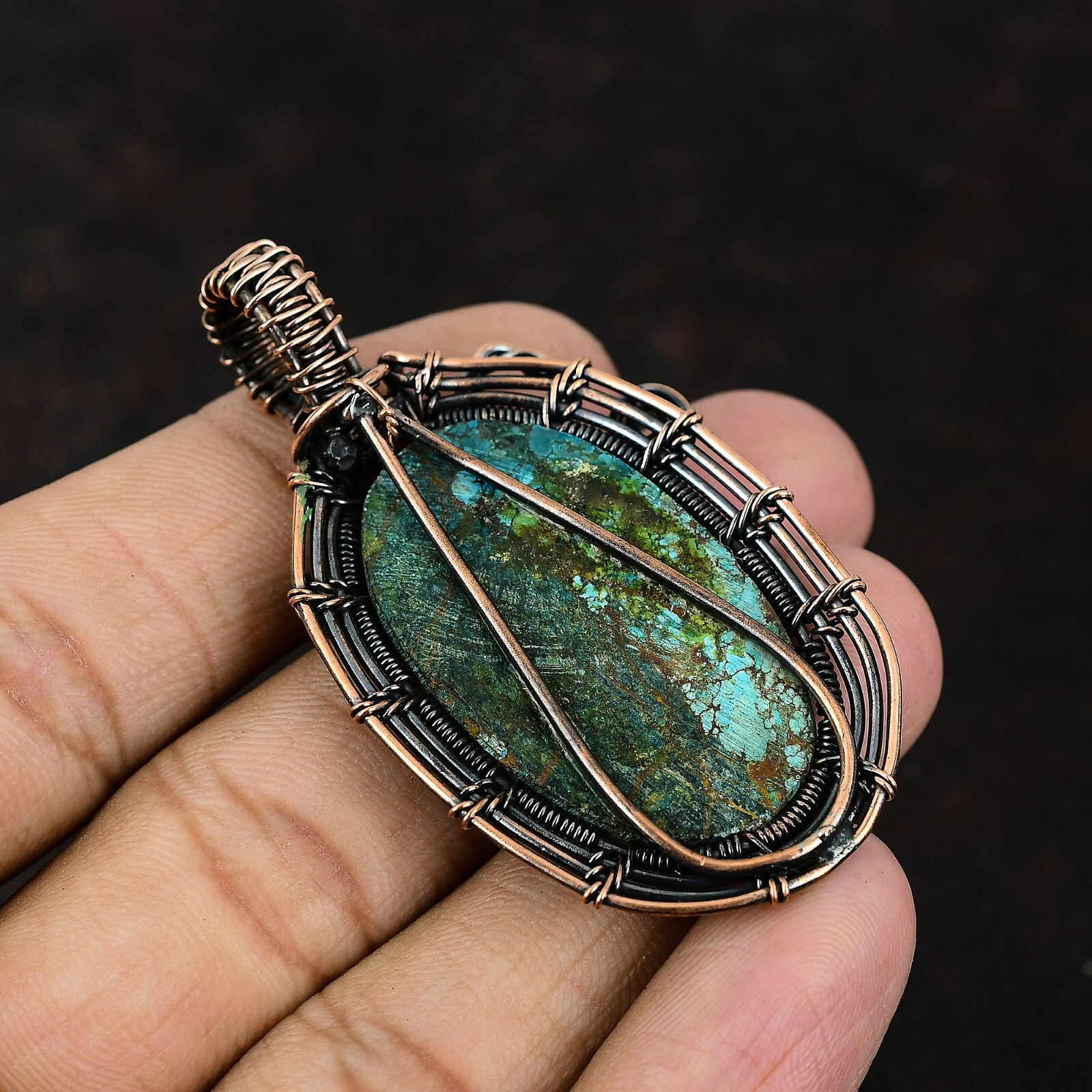 Tibetan Turquoise Jewelry Copper Gift For Love Wire Wrapped Pendant 2.48″