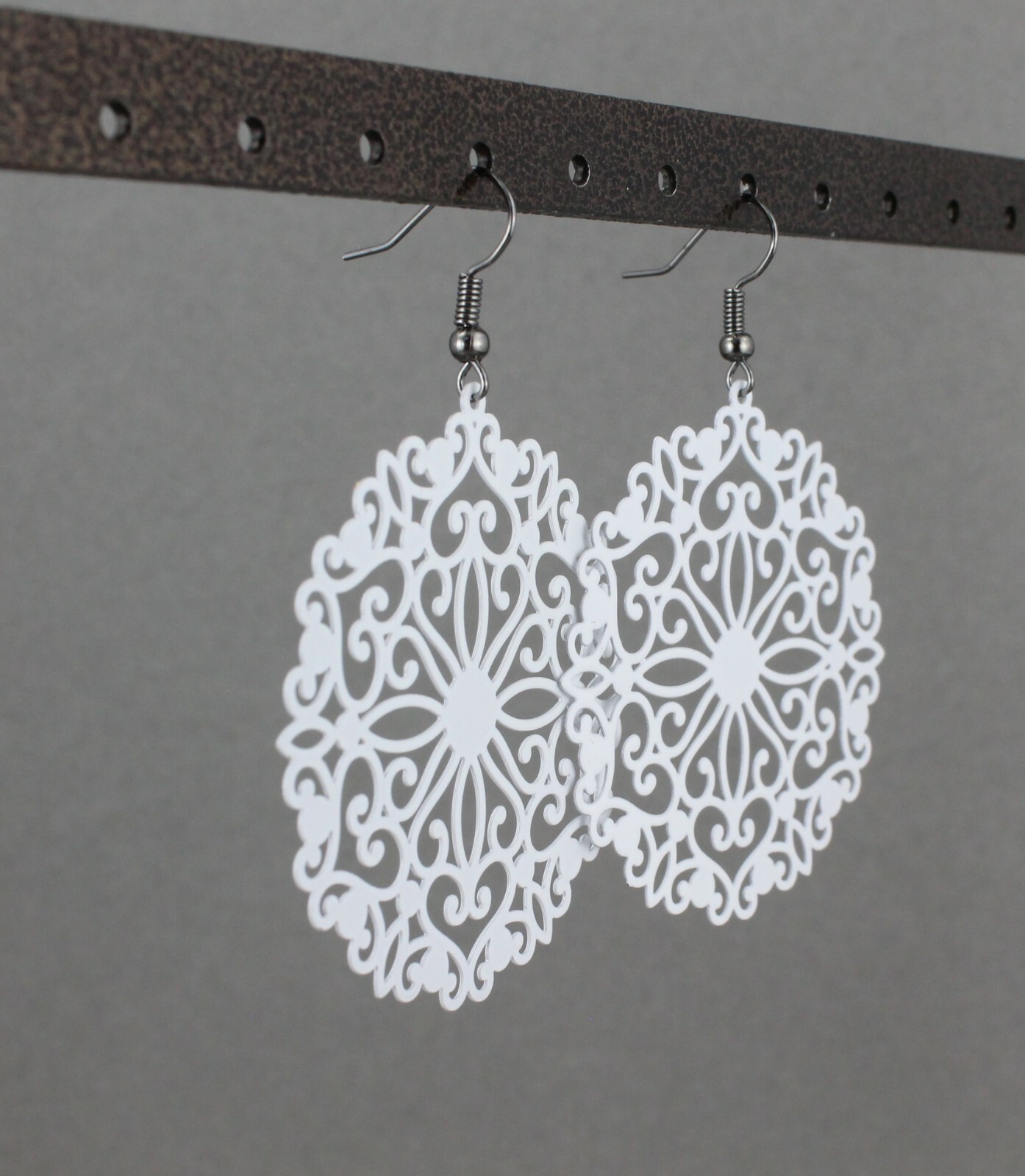 White round earrings cut out lace filigree scroll circle 2.5″ long very Light