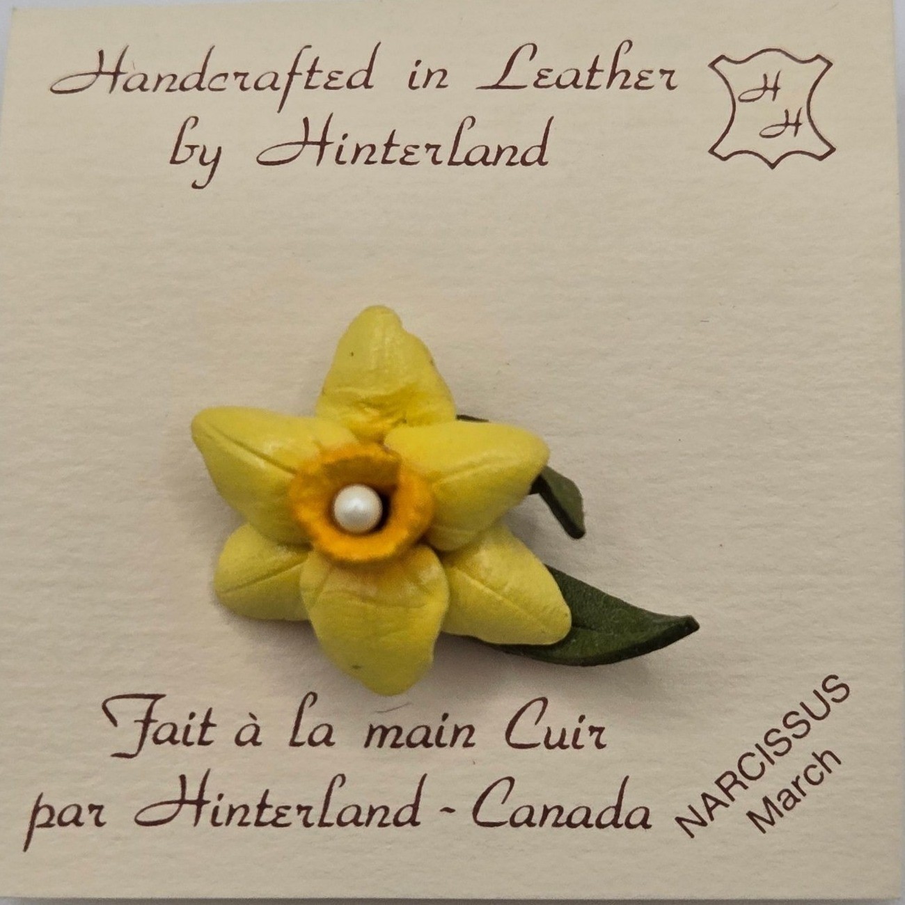 Hinterland Leather Narcissus Flower Pin March Birth Month Yellow Floral 1″