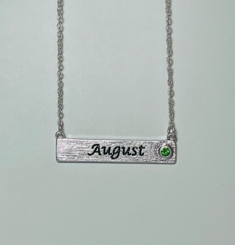 Personalized August Birthstone Necklace Bar Pendant Dainty Silver Plated