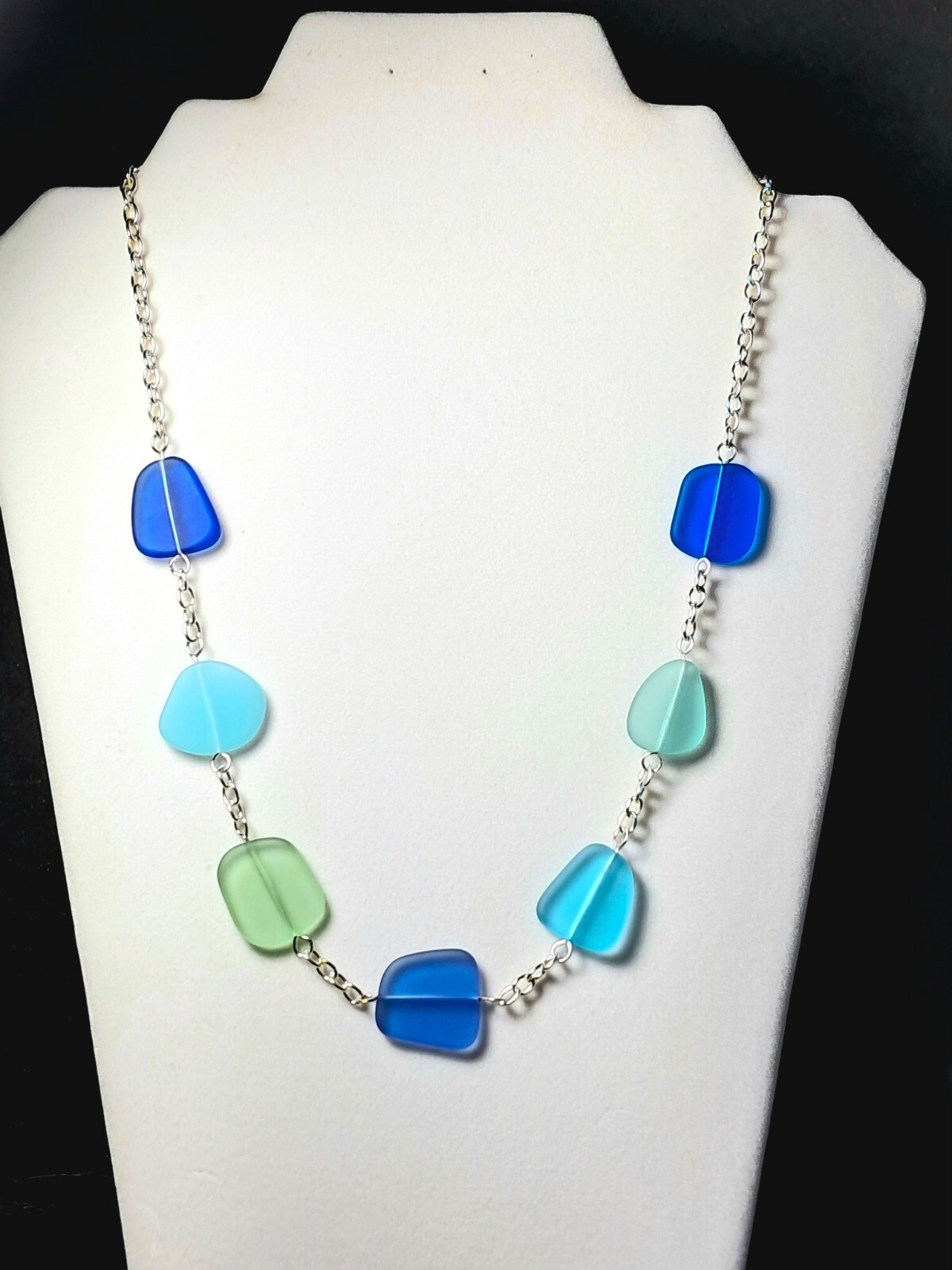 OCEAN BLUES and GREENS cultured sea glass jewelry 22″ necklace.