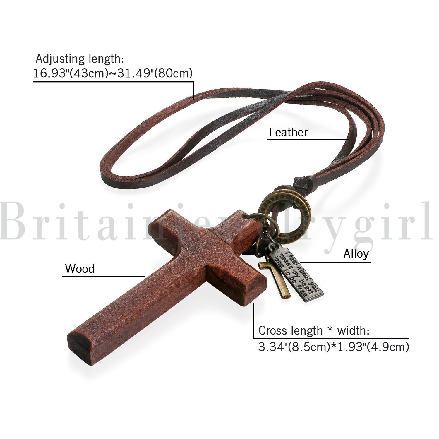 Flongo Vintage Wooden Cross Pendant Leather Rope Necklace Adjustable Men Women