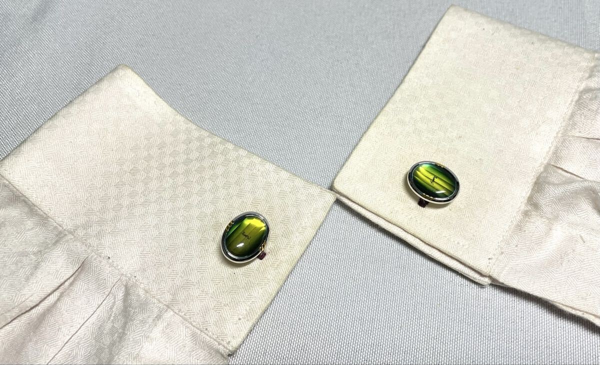 excellent condition YVES SAINT LAURENT YSL Green Stone Silver Vintage Cufflinks
