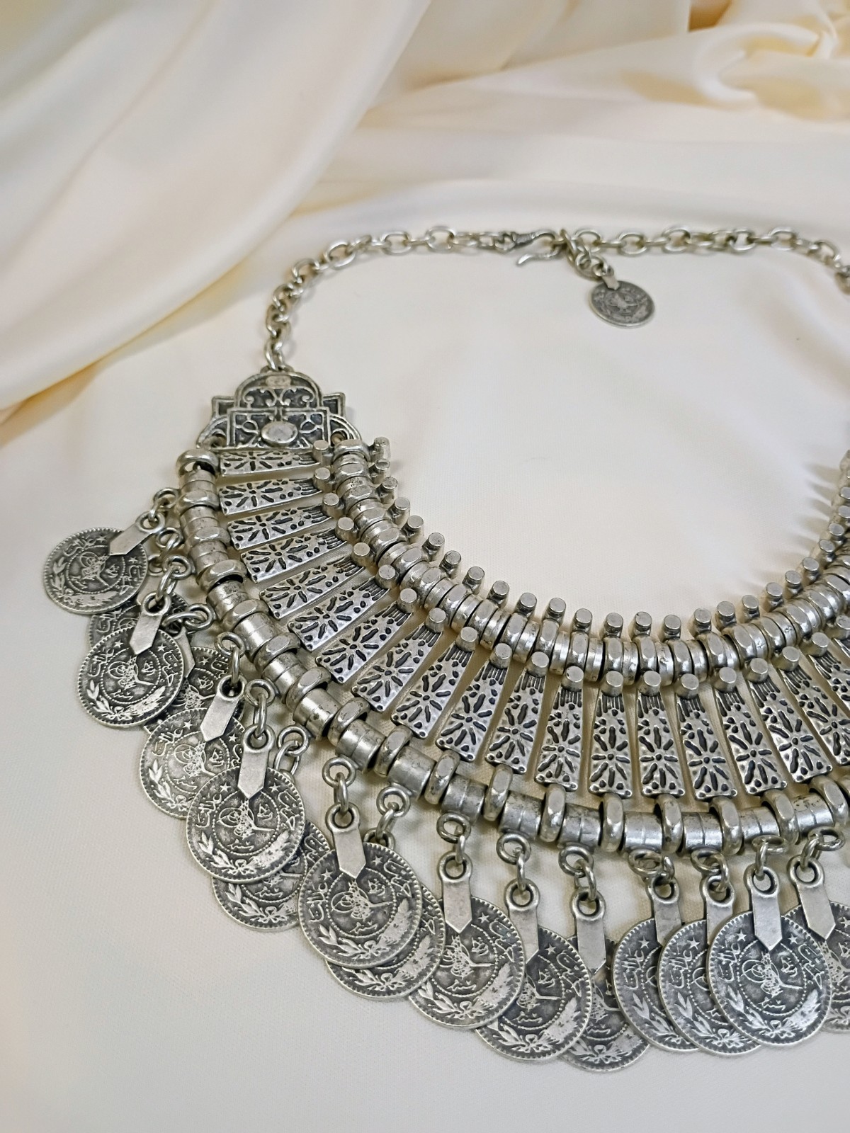 Silver Tone Metal Coin Charm Statement Bib Collar Necklace Cable Chain Hook