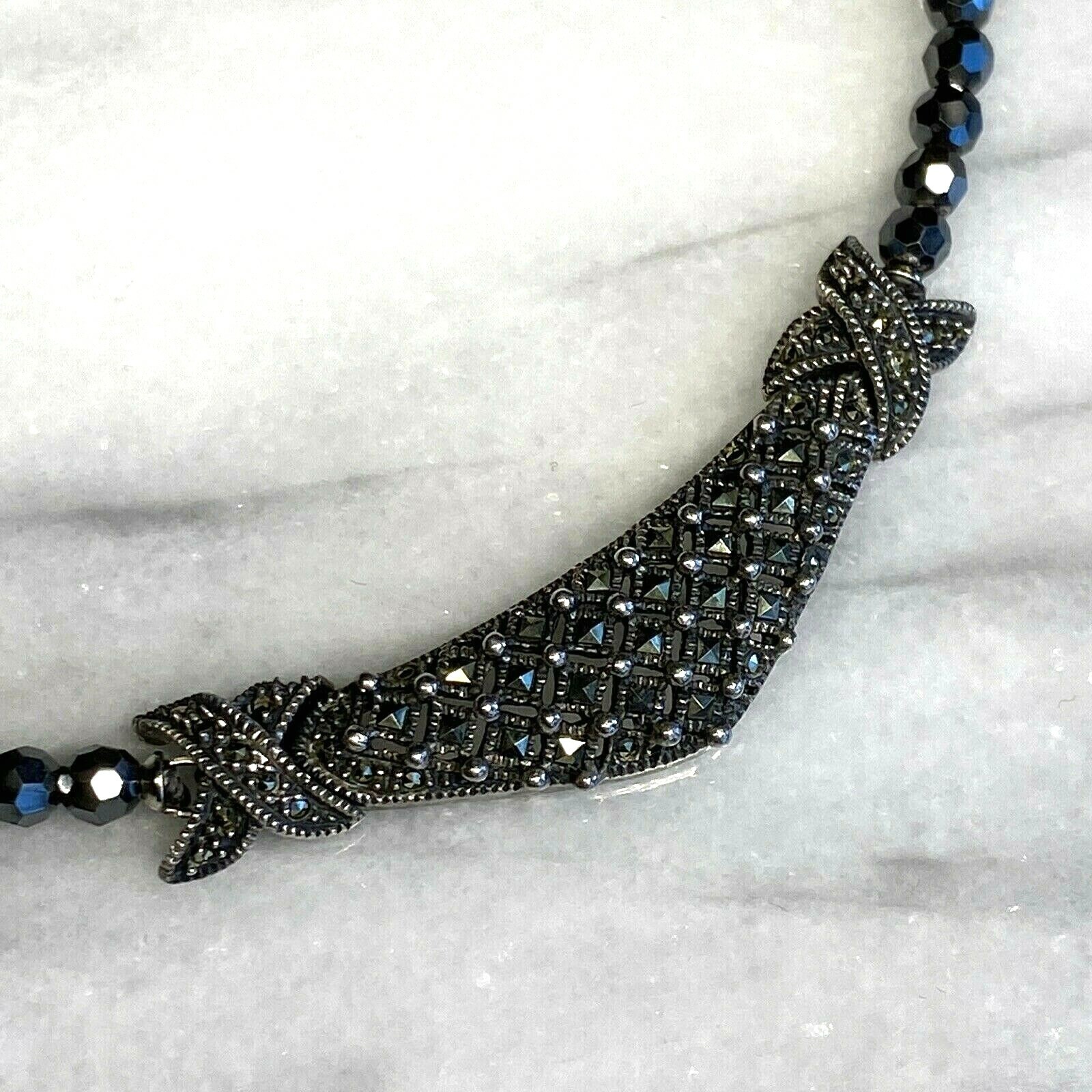 Vintage Necklace Sterling Silver Marcasite X Kiss Estate Fine Jewelry Pre-Owned