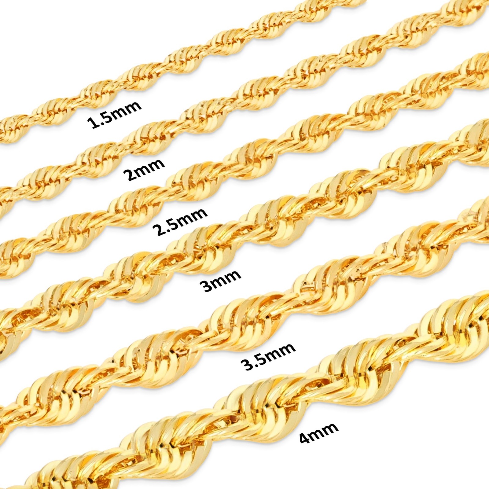 10K Yellow Gold 1mm-4mm Light Diamond Cut Rope Chain Necklace Men Women 16″- 30″