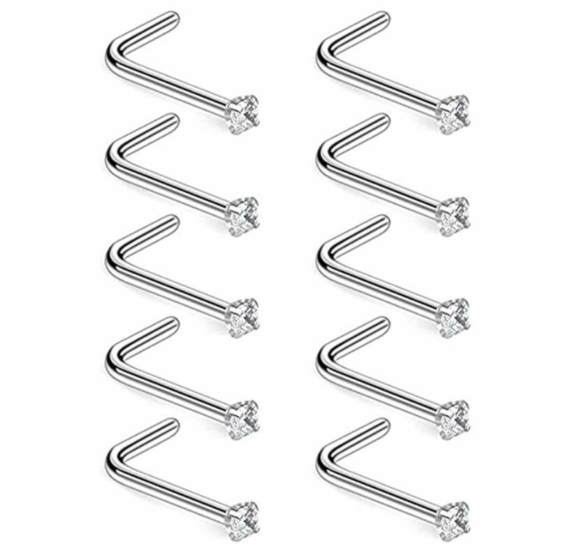 18G Surgical Steel Mix Color CZ L Shaped Nose Stud Rings Piercing Jewelry 10PCS