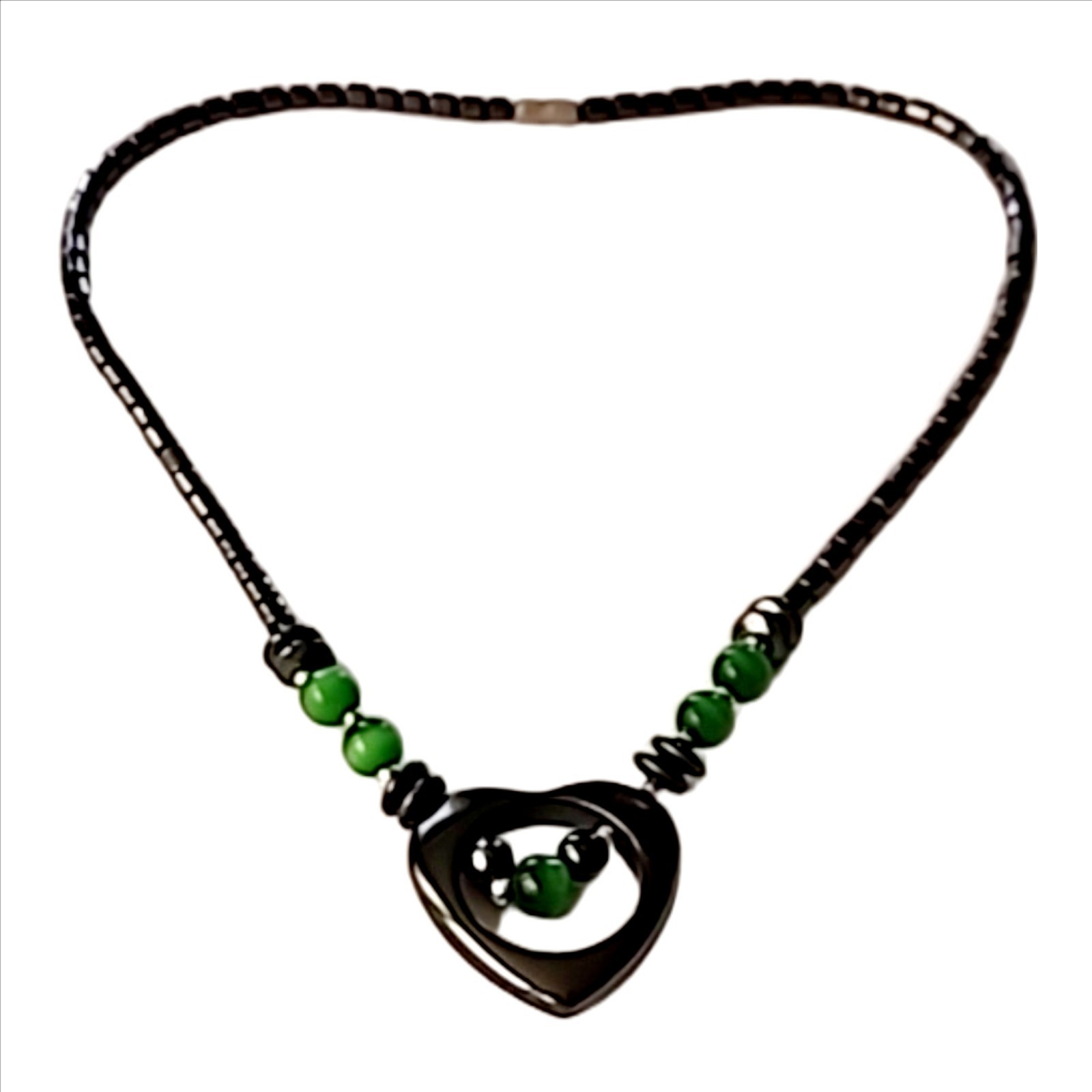 Handmade Hematite and Green Glass Pendant Heart Necklace Lenghth 18″