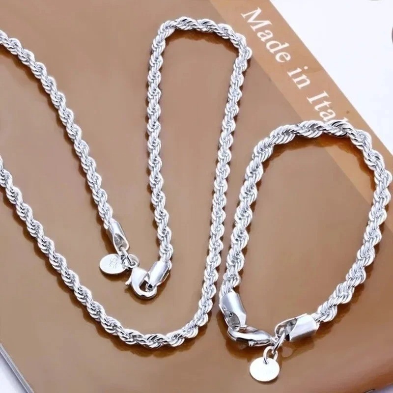 925 Sterling Silver Rope Chain Set 4MM Necklace & Bracelet for Men Women | 40–60