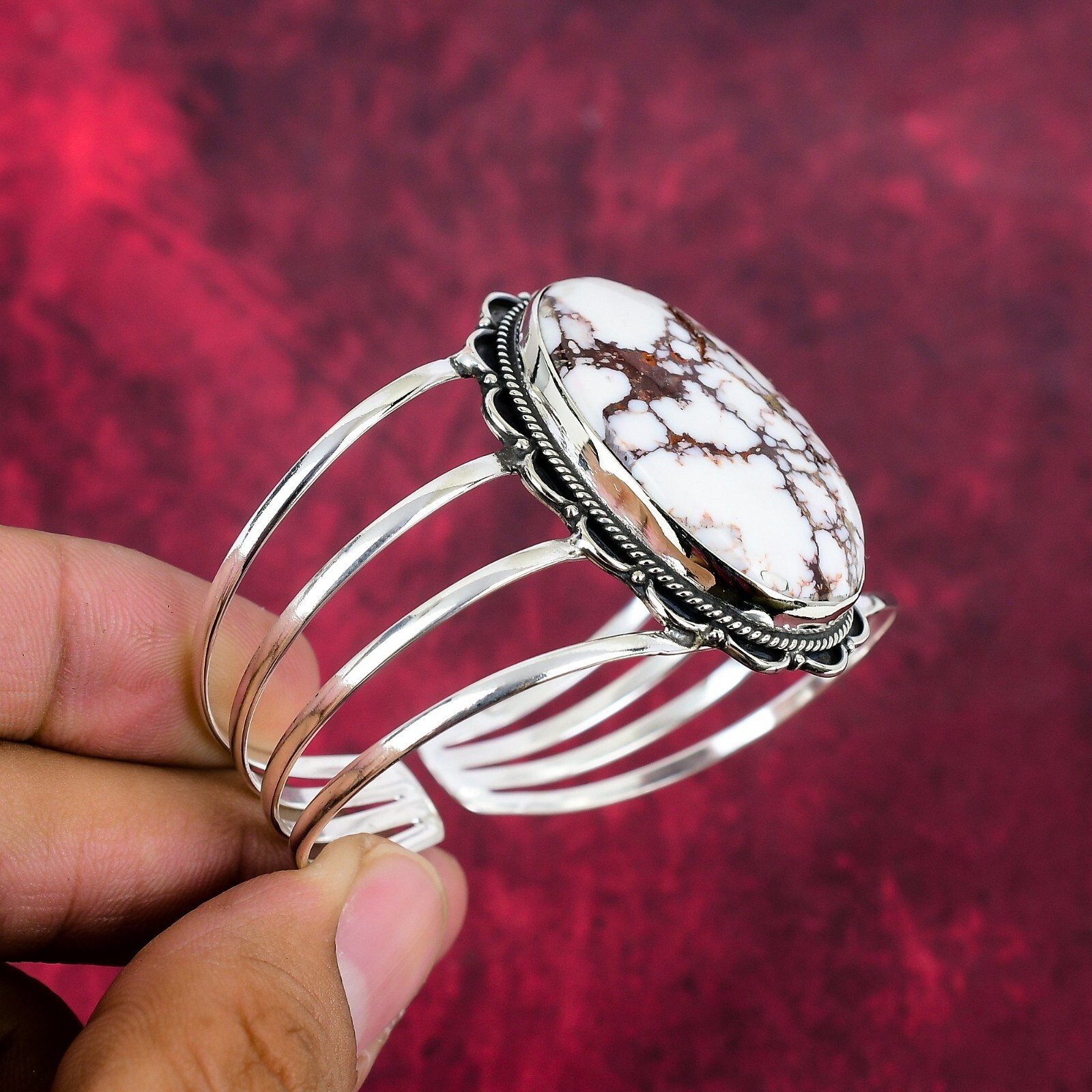 Wild Horse Gemstone Handmade 925 Sterling Silver Adjustable Bangle Jewelry