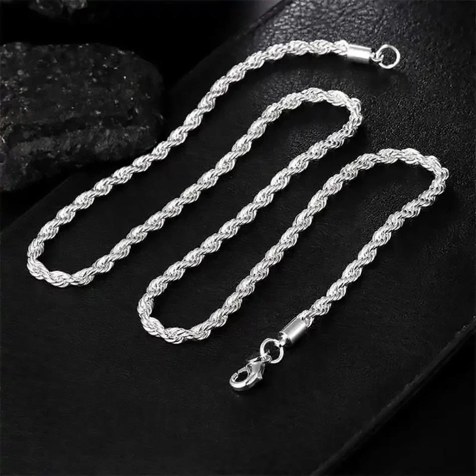 4mm Diamond Cut Solid 925 Sterling Silver Italian Rope Chain Men’s Necklace