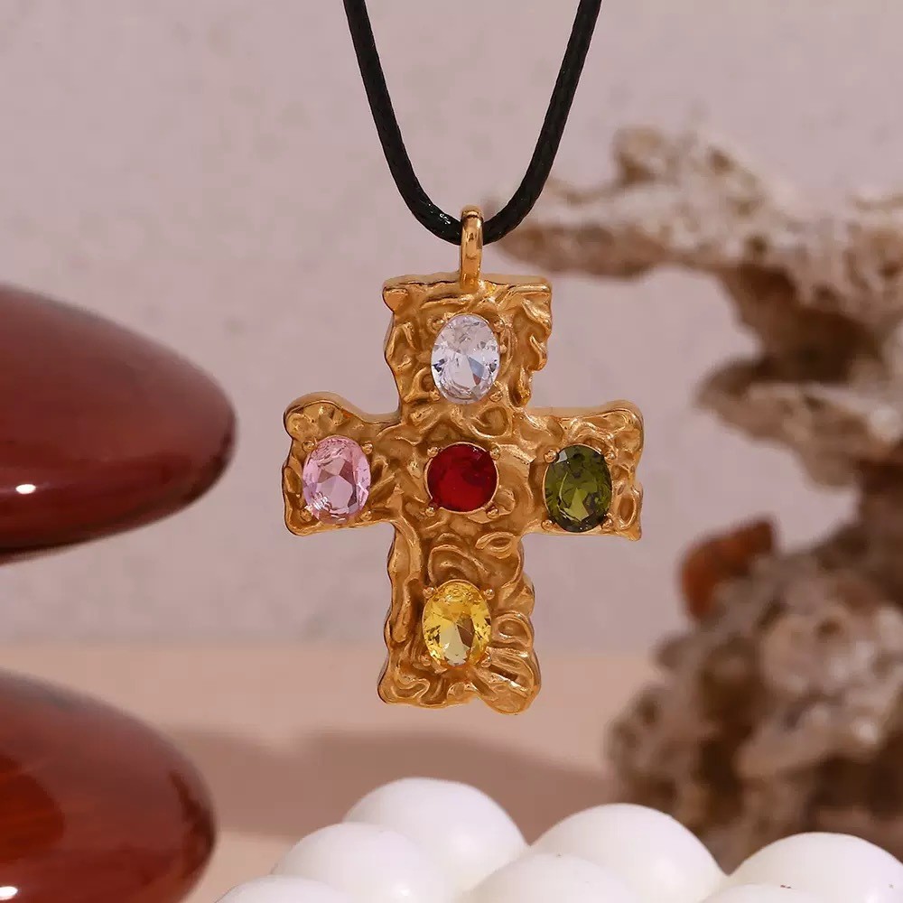 Stainless Steel Waxed Cord Colored Zircon Hammer Cross Inlaid Zircon Necklace