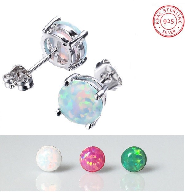 Women Classic 925 Sterling Silver Round Fire Opal Stud Earrings Gift Box PE19