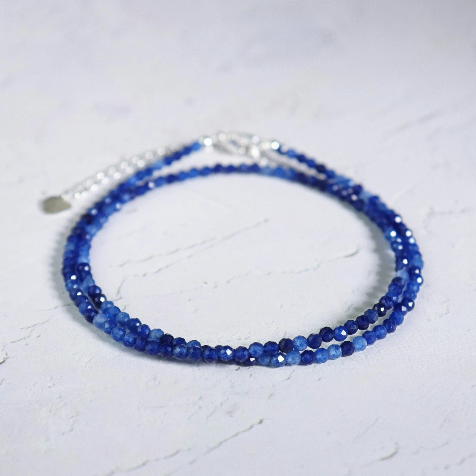 Natural Blue Sapphire Beaded Choker Necklace 2mm Faceted Tiny Gemstone Jewelry