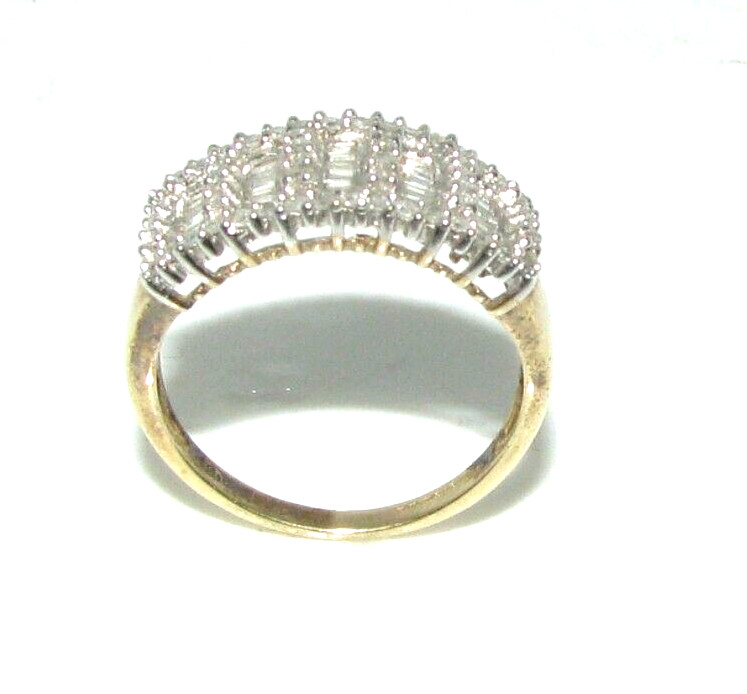 Ladies Womens 9ct 9carat Yellow Gold Round & Baguette Cut Diamond Ring UK Size P