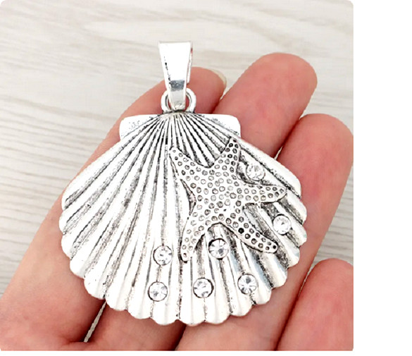 LARGE SEA SCALLOP SEASHELL STARFISH Cz Pendant 22″ 925 Sterling Silver Necklace