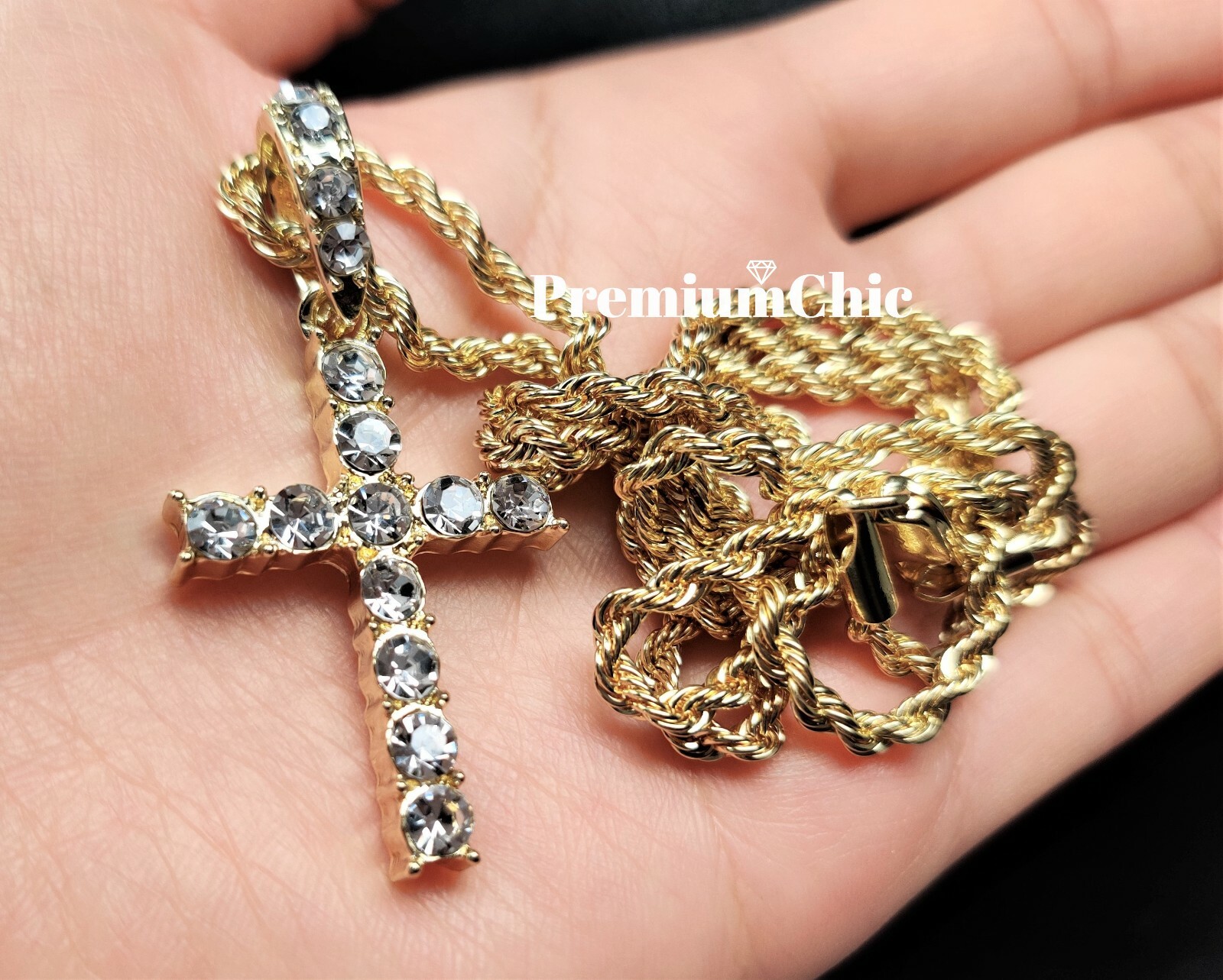 Iced Cross Pendant with 3MM Rope Chain Necklace Mens Hip Hop Plated CZ Jewelry
