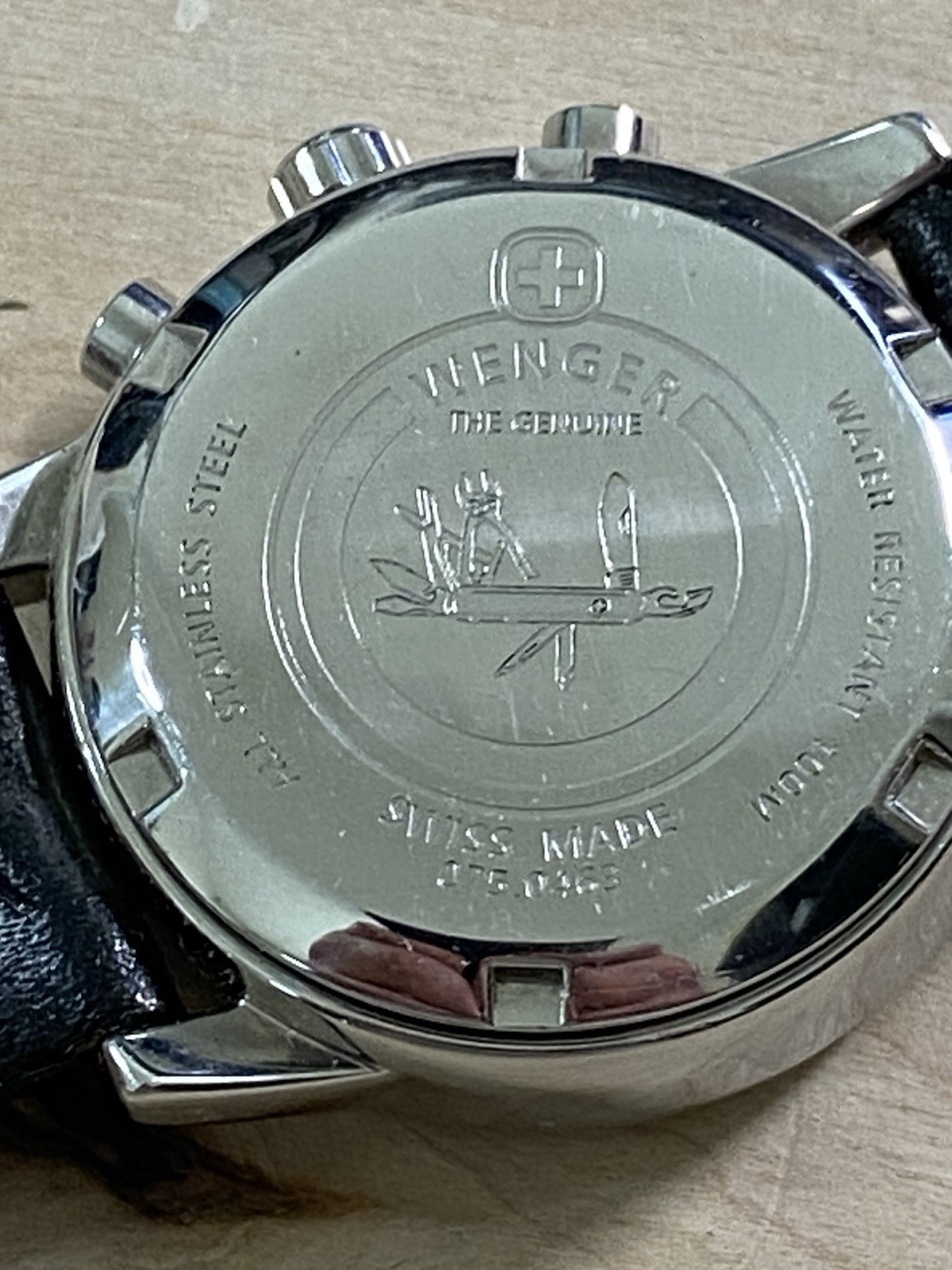 Ladies Wenger Swiss Army Quartz Chronograph Date Silver Dial Black Leather Watch