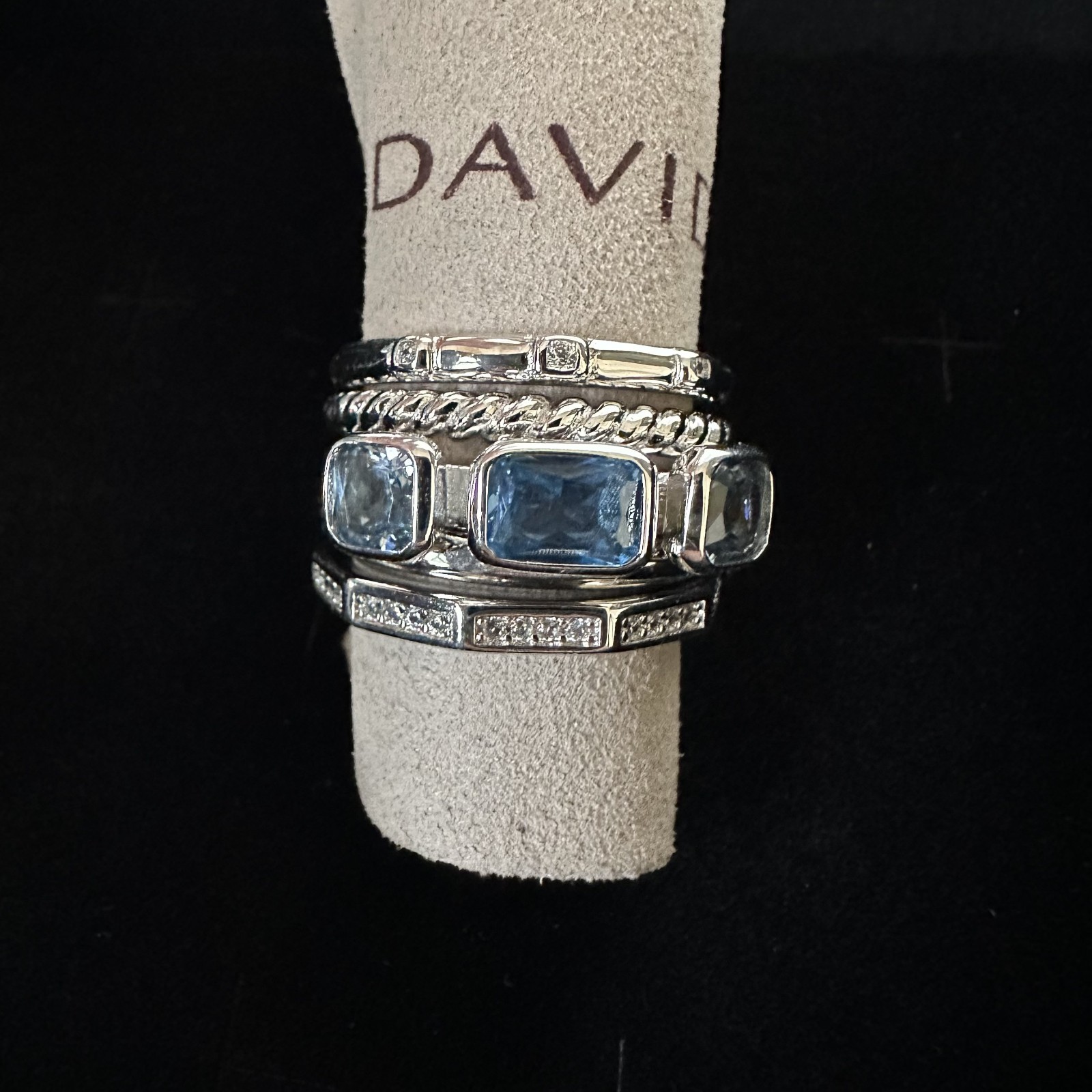 David Yurman Sterling Silver Stax Five Row Hampton Blue Topaz Ring Size 8