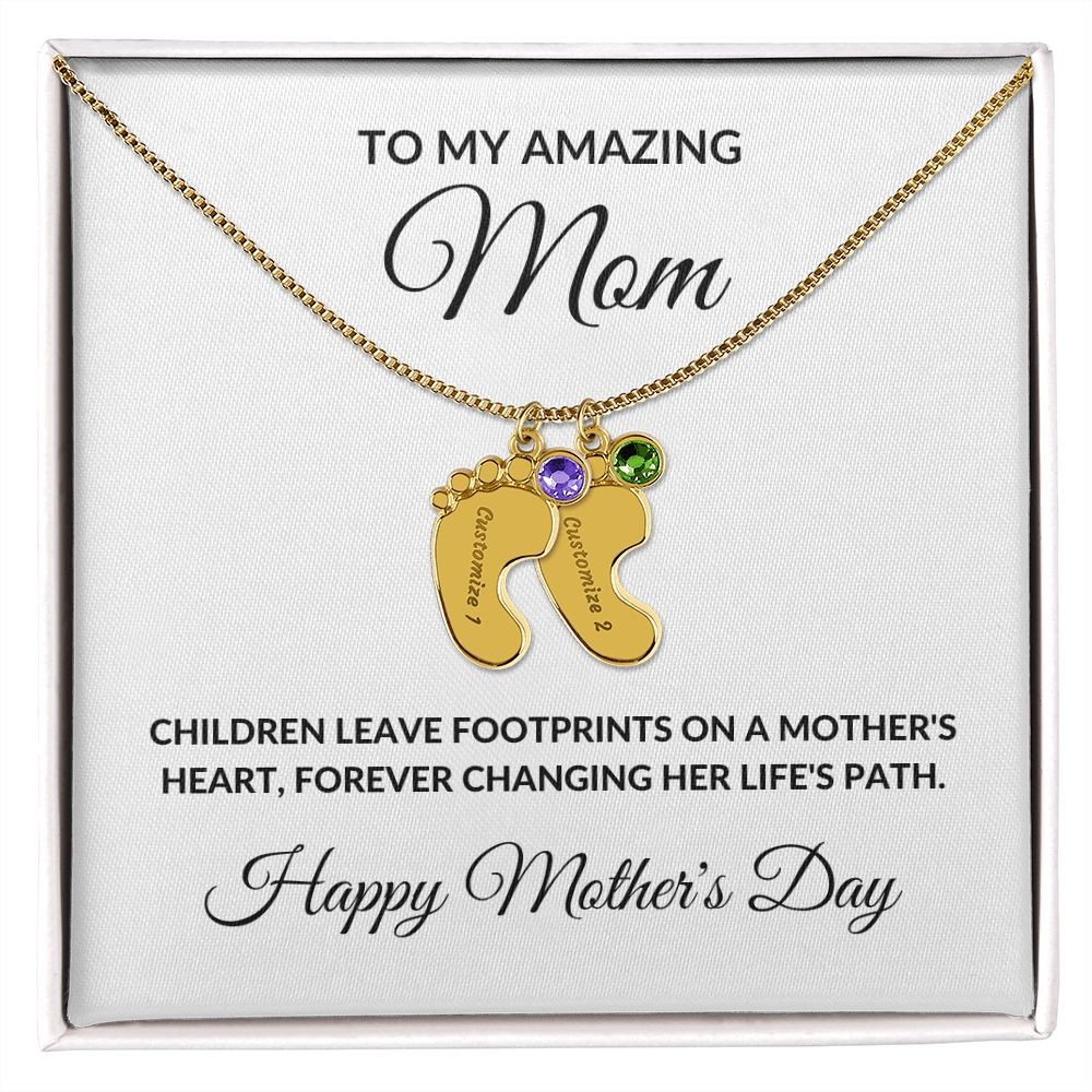 Mother’s Day Personalized Engraved Birthstone Necklace Baby Feet Gift for Mom