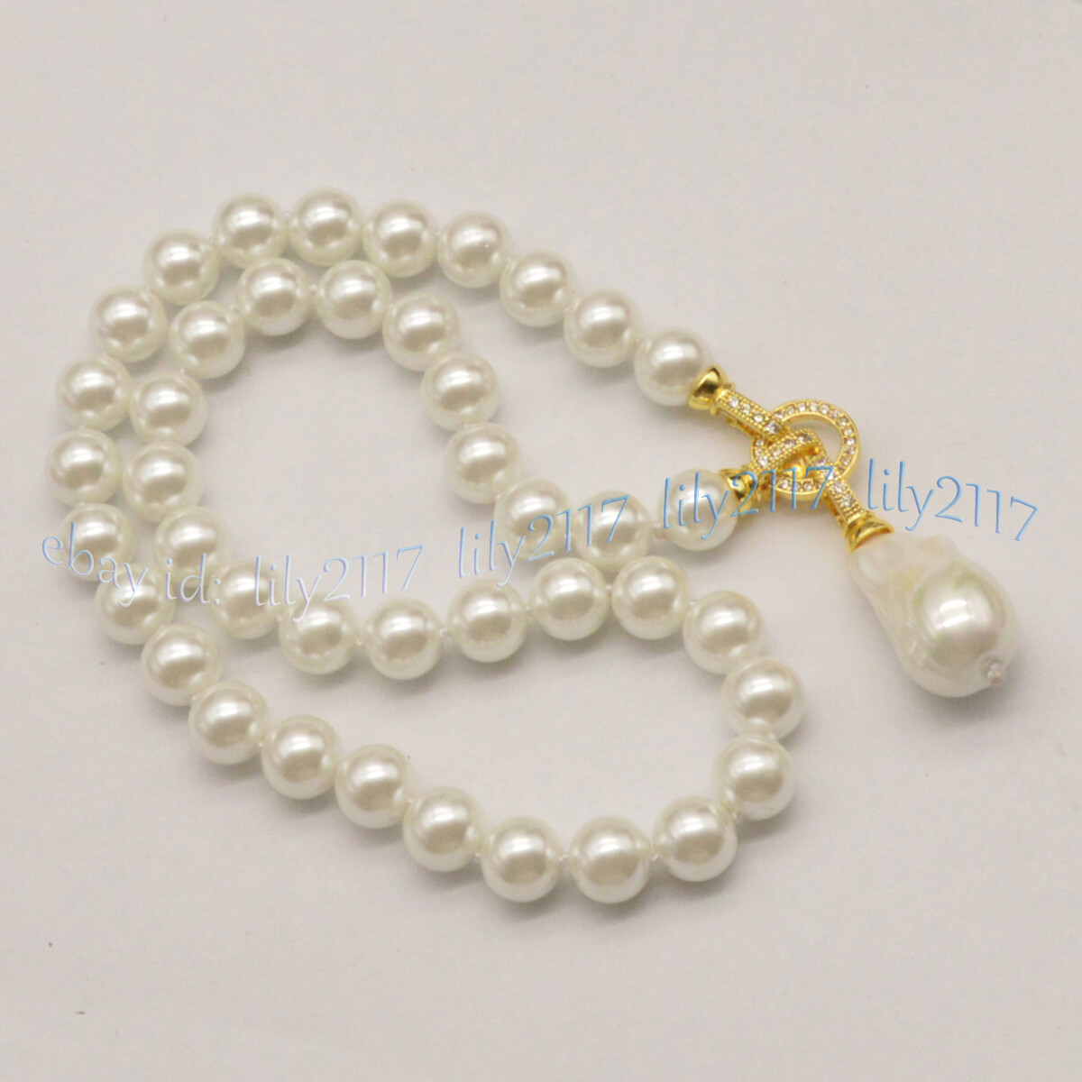 8/10/12/14mm White South Sea Shell Pearl Round Beads Baroque Pendant Necklace