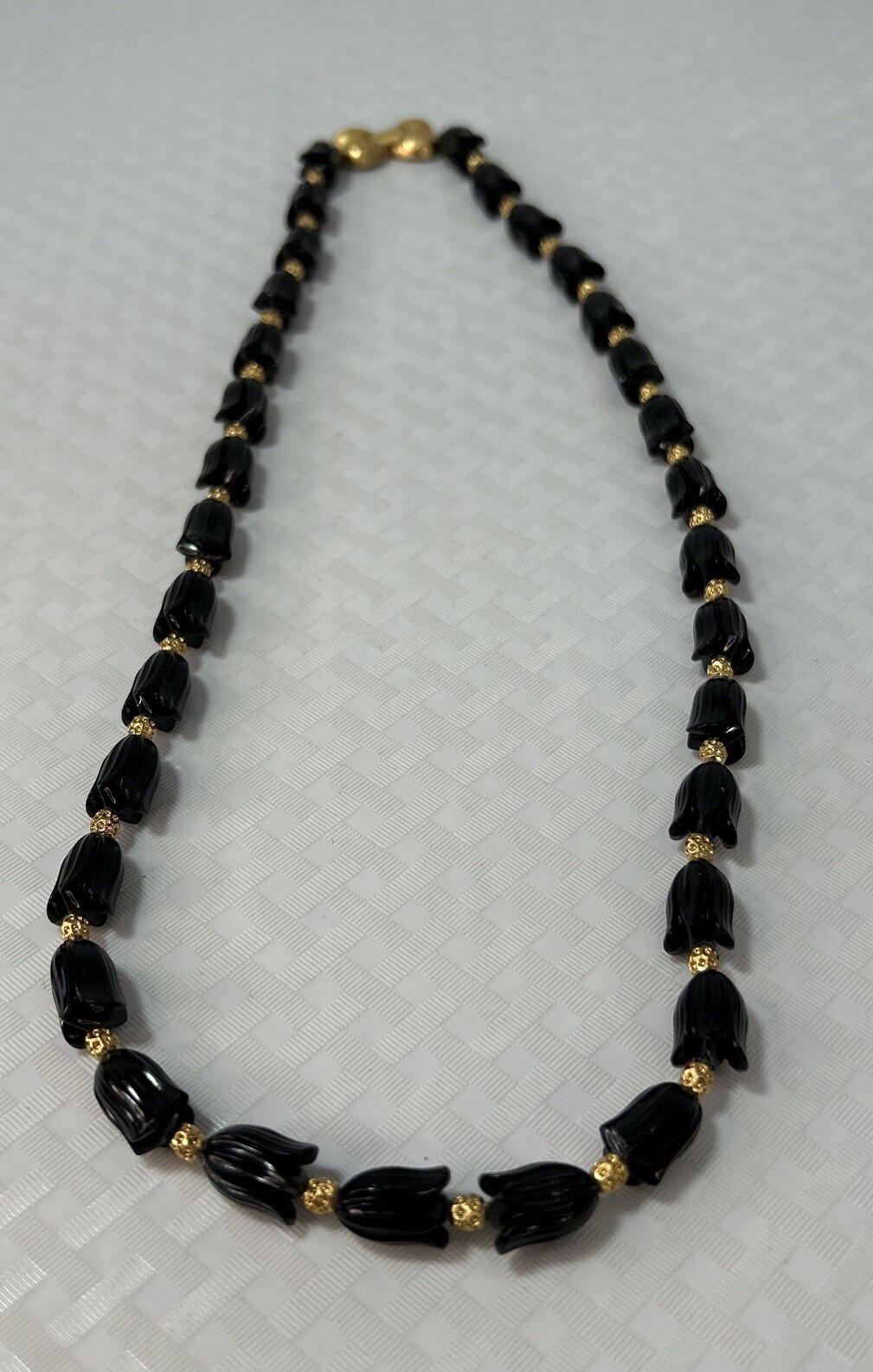 Vintage Black Tulip Shaped & Gold Bead Granny MCM Special Occasion Necklace