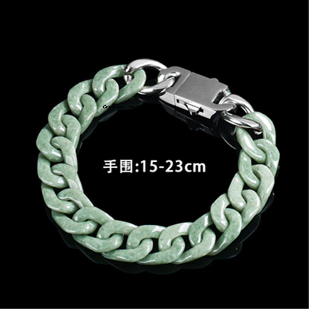 Real Grade A Natural Green Jade Jadeite Bracelet Cuban Curb Link Chain 5.9-9.4in
