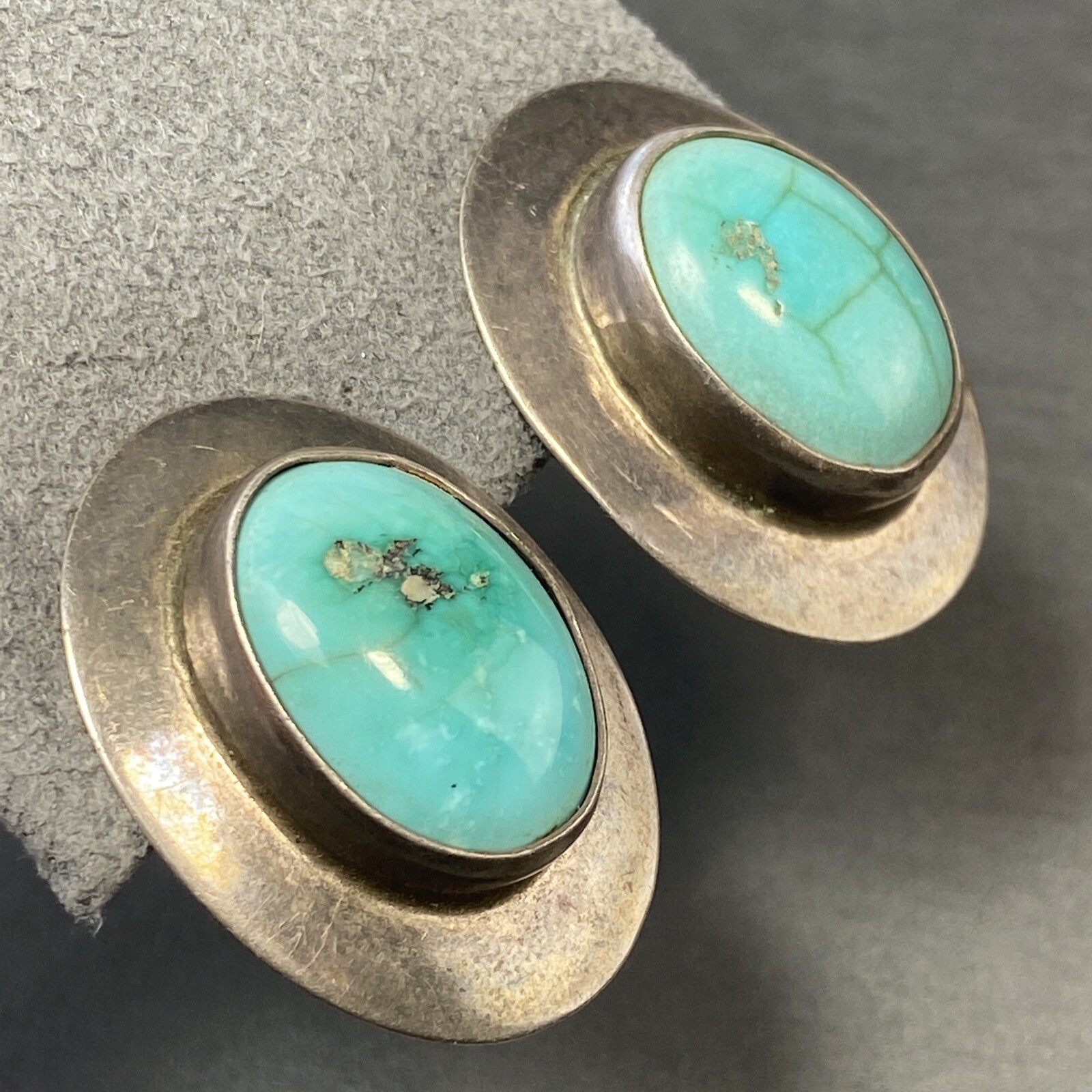 Vintage Modernist Clip-On Earrings Turquoire Sterling Estate Fine Jewelry PreOwn