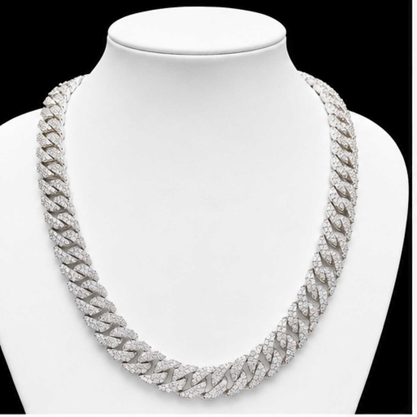 24” 3 Row Moissanite Cuban Link Chain in 925 Sterling Silver.