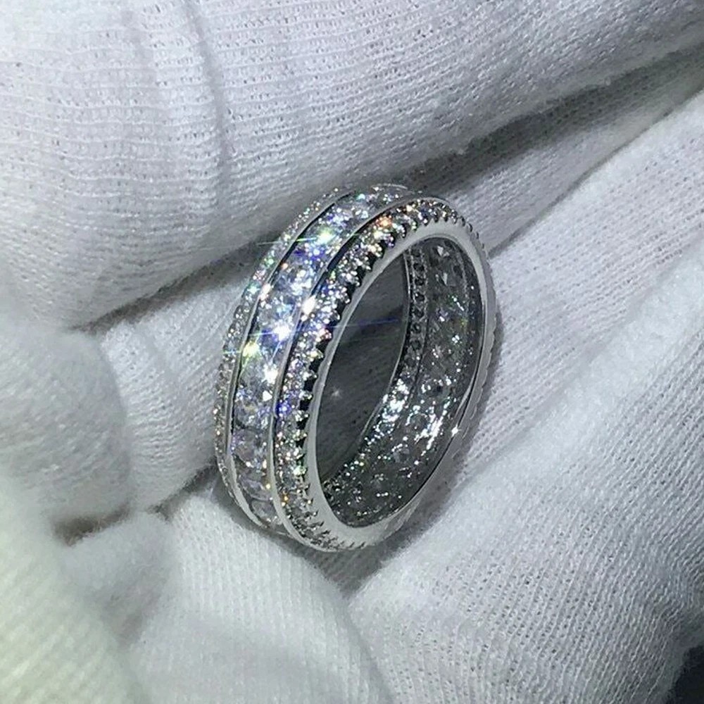 Men’s 3Ct Round Moissanite Full Eternity Wedding Band Ring 14K White Gold Plated