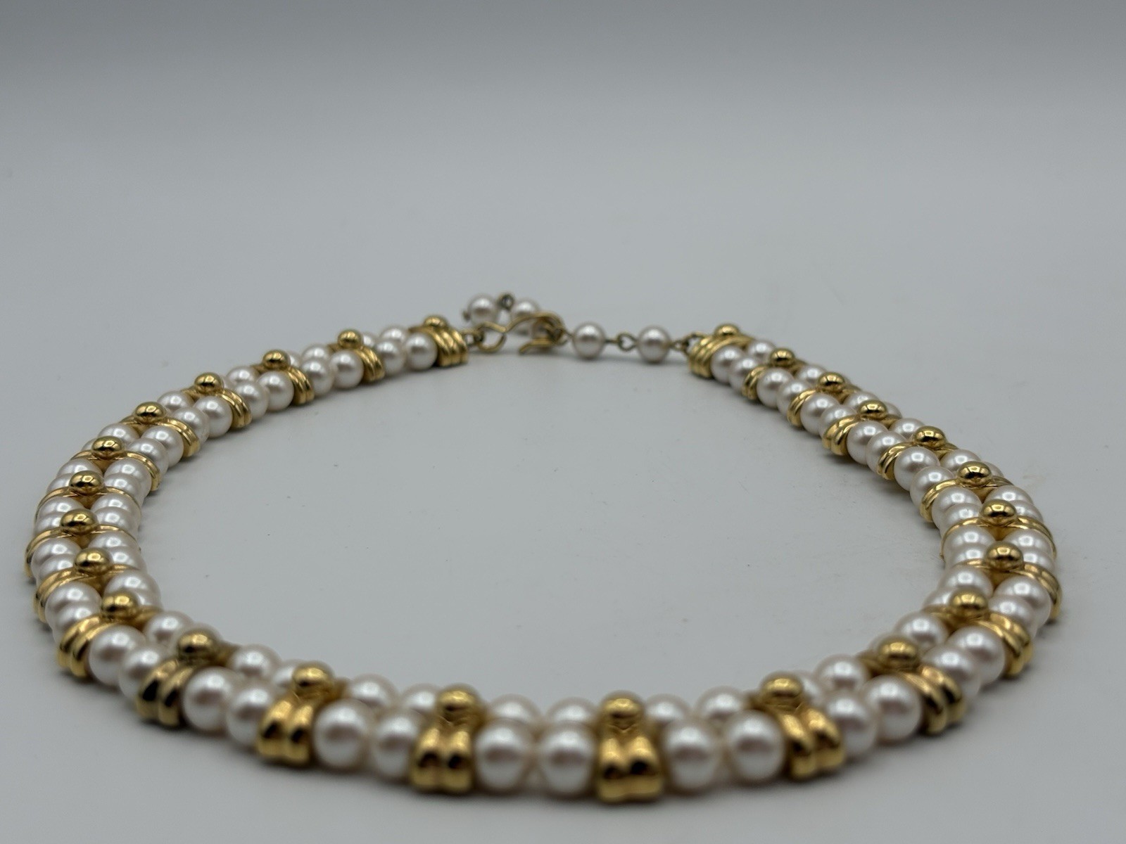 Monet Signed Double Strand Faux Pearl Gold Tone Choker Necklace Hook Clasp