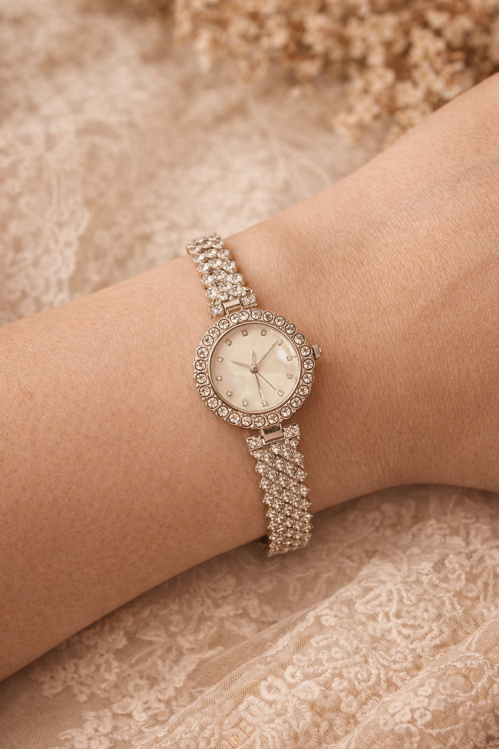 Women’s Silver Rhinestone Bracelet Watch Crystal Bezel Elegant Dress Quartz