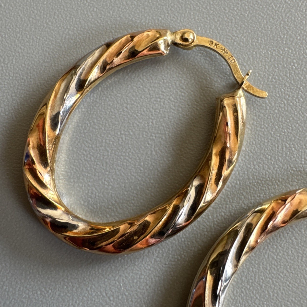 9ct Yellow, Rose & White Gold Twist Oval Creole Hoop Earrings 24.7mm Long 0.78g