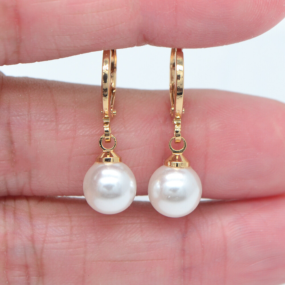 18K Yellow Gold Filled Women Clear Topaz Classic Round Pearl Dangle Earrings