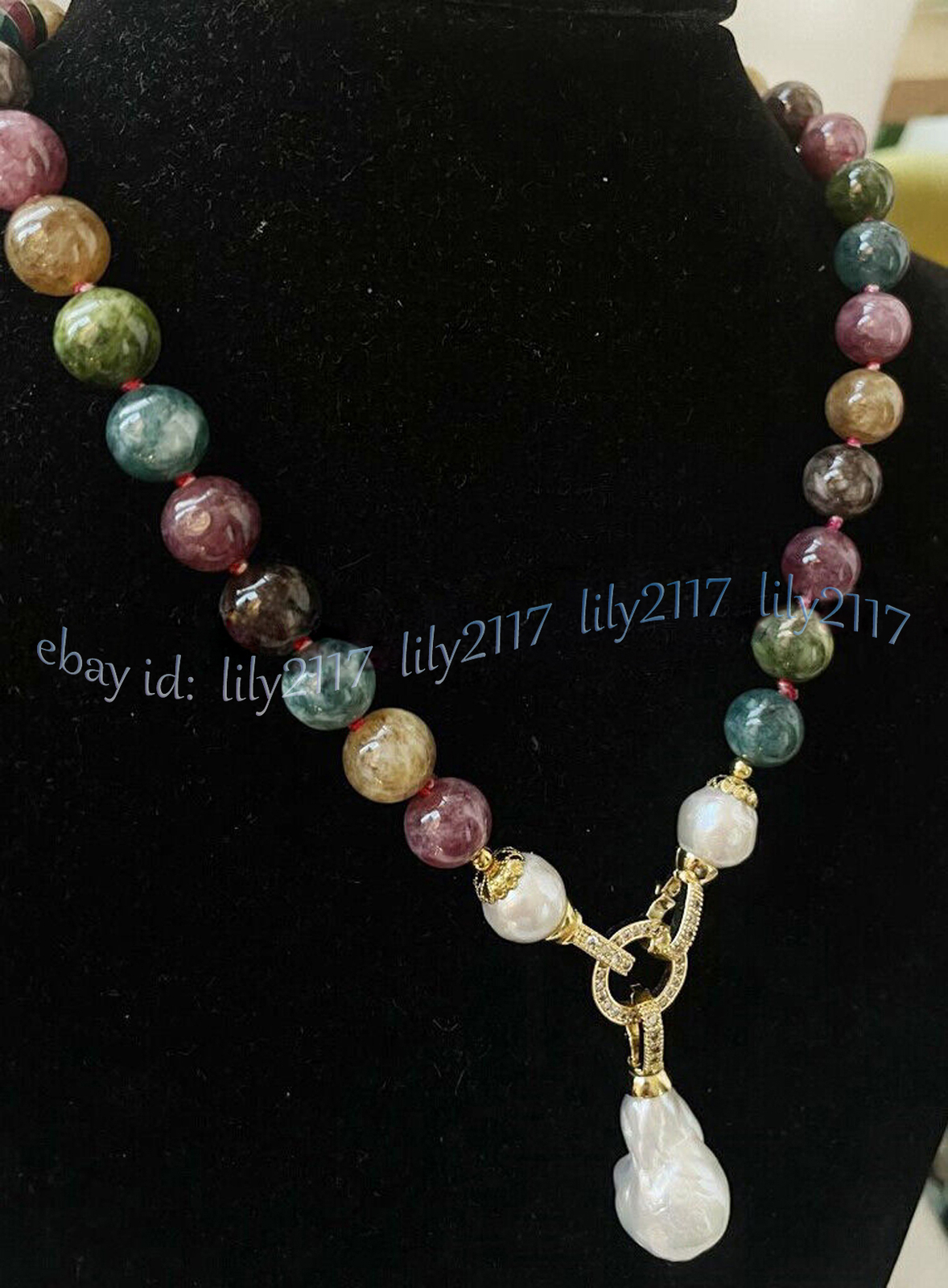 Multicolor Tourmaline Round Gemstone White Keshi Baroque Pearl Pendant Necklace