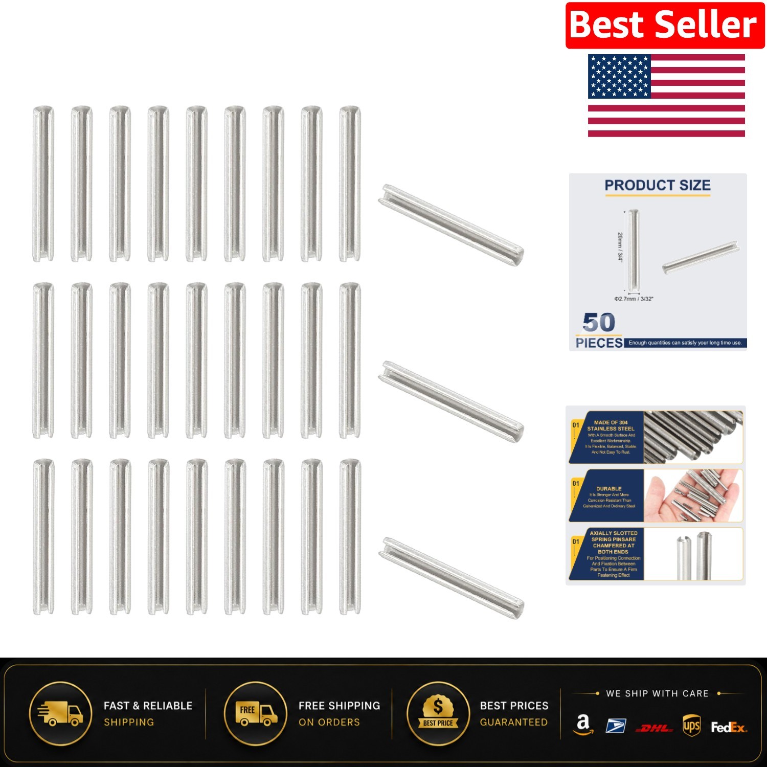 Durable 3/32″ x 3/4″ Slotted Spring Pin Set – 50 Count for Home and Auto Fixes