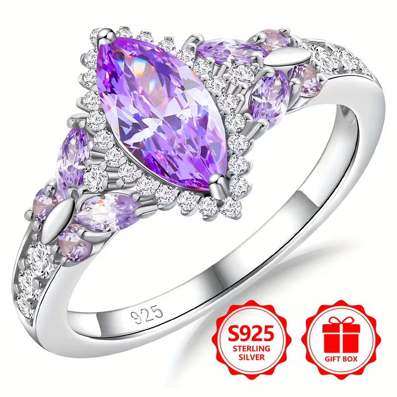 Beautiful Amethyst & Cubic Zirconia .925 Ring, Size 10. FREE SHIP IN THE USA!