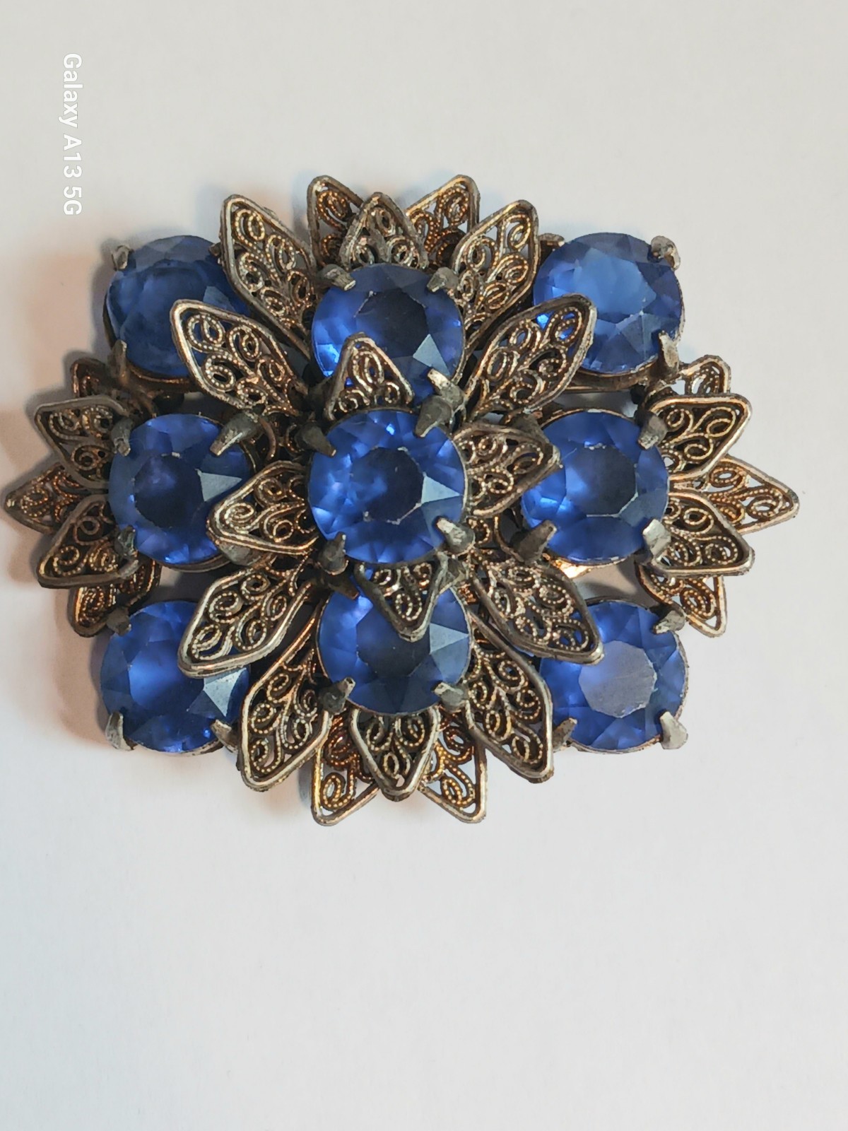 Vintage 1930s Czech Sapphire Blue Glass Rhinestone Leaf Filigree Brooch 2.5 Inch