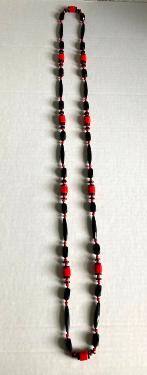 Antique ART DECO Faceted Czech Glass Necklace 50″ Long Red /Black FLAPPER