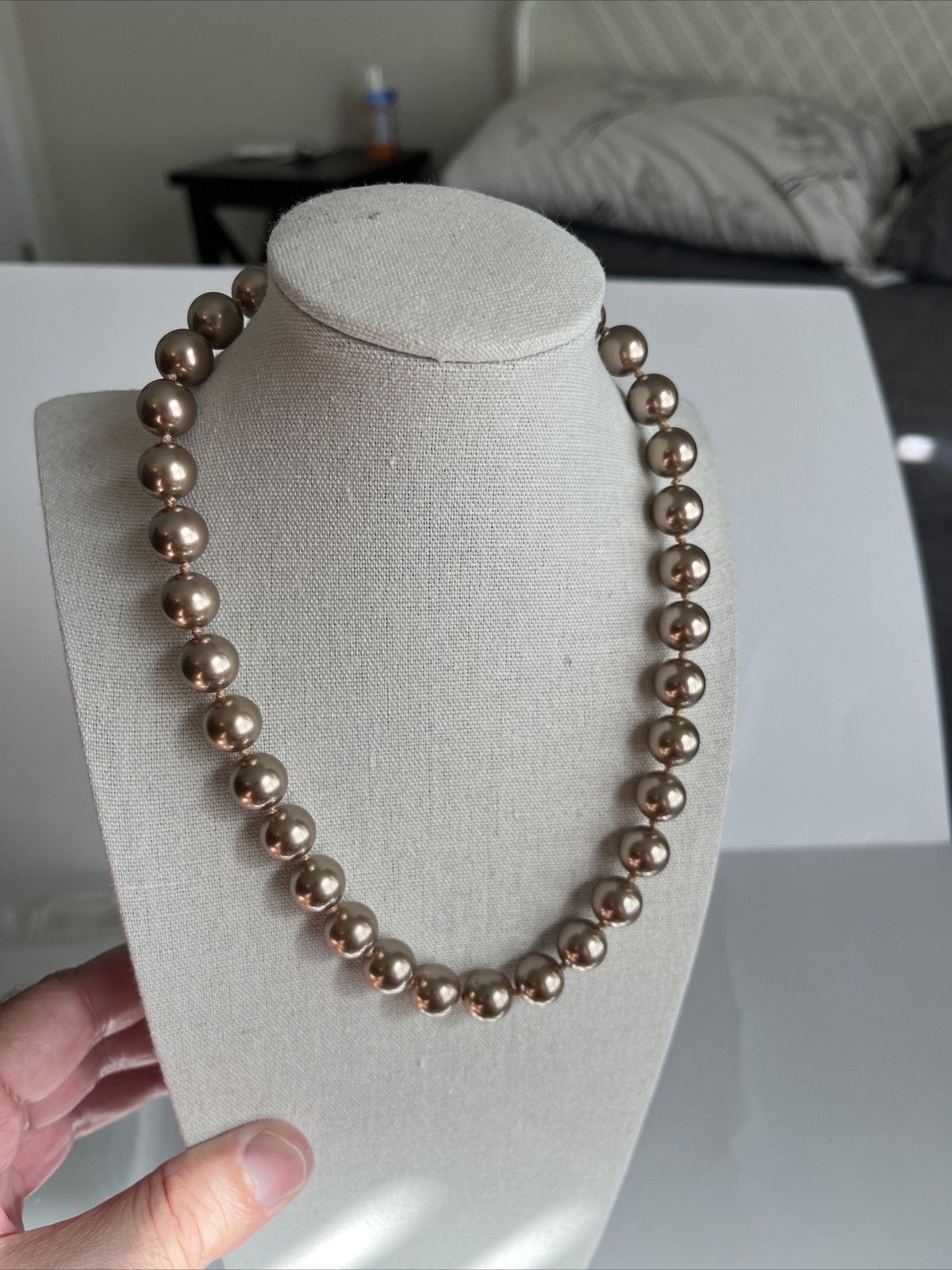 Vintage Light Chocolate 18” Glass Faux Pearls RMN Signed Good Condition