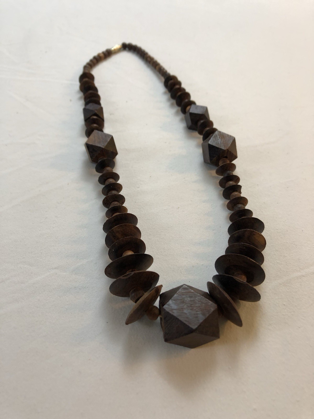 Vintage Handcrafted Dark Wood Beaded Statement Necklace Geometric Boho Artisan