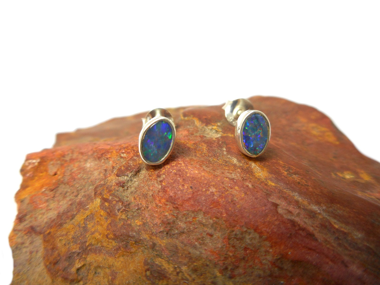 Natural Small Australian Opal Stud Earrings – Sterling Silver Gemstone