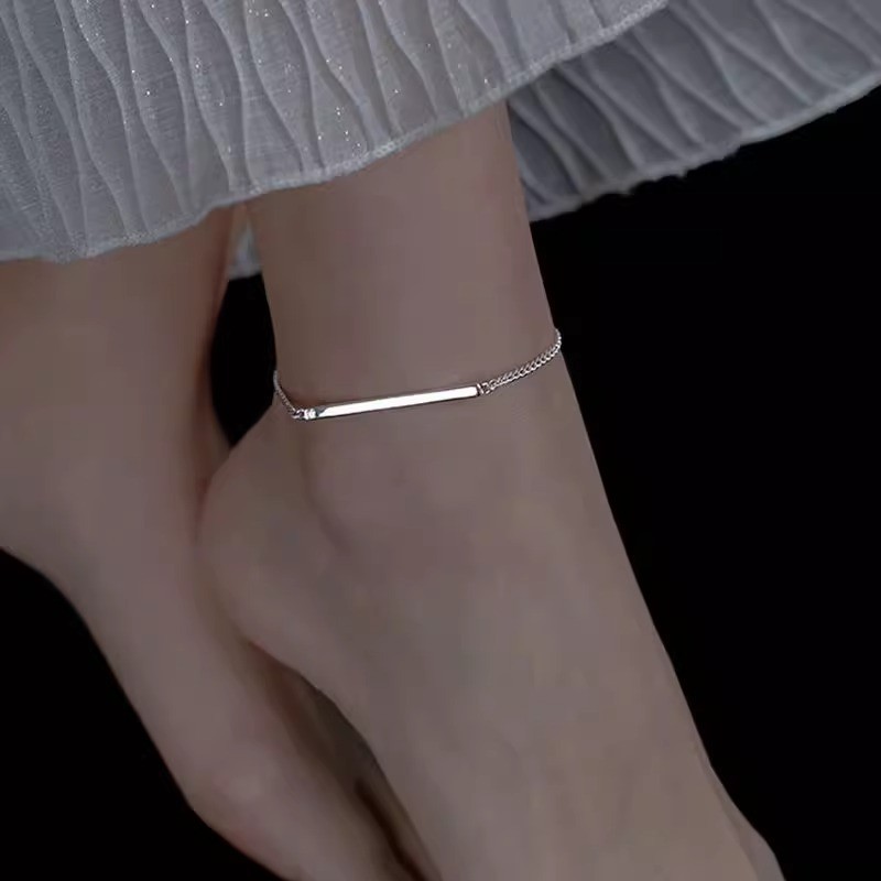 Silver Plated Curb Chain Minimalist Bar Pendant Adjustable Alloy Anklets Chain